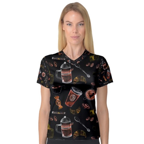 Coffee Watercolor Background V-neck Sport Mesh Tee by Amaryn4rt