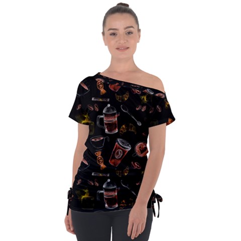 Coffee Watercolor Background Off Shoulder Tie-up Tee by Amaryn4rt