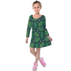 Leaves Snowflake Pattern Holiday Kids  Long Sleeve Velvet Dress by Amaryn4rt