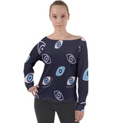 Eyes Evil Eye Blue Pattern Off Shoulder Long Sleeve Velour Top