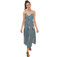 Flamingo Birds Plumage Sea Water Halter Tie Back Dress  by artworkshop