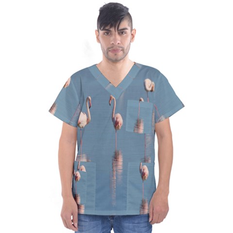 Flamingo Birds Plumage Sea Water Animal Exotic Men s V-neck Scrub Top by artworkshop