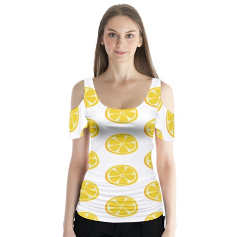 Fruit Food Juicy Organic Yellow Butterfly Sleeve Cutout Tee  by Wegoenart