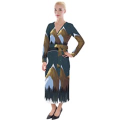 Mountains Forest Moon Stars View Velvet Maxi Wrap Dress