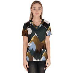 Mountains Forest Moon Stars View Women s V-neck Scrub Top by Wegoenart