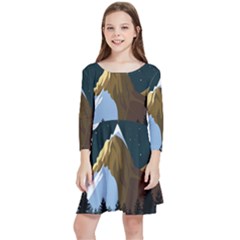 Mountains Forest Moon Stars View Kids  Quarter Sleeve Skater Dress