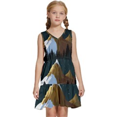 Mountains Forest Moon Stars View Kids  Sleeveless Tiered Mini Dress