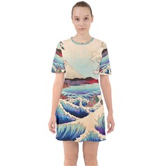 Wave Japanese Mount Fuji Sixties Short Sleeve Mini Dress by Wegoenart