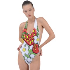 Strawberries Berry Strawberry Leaves Backless Halter One Piece Swimsuit by Wegoenart