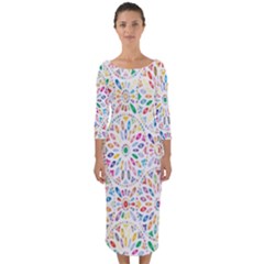 Flowery Floral Abstract Decorative Ornamental Quarter Sleeve Midi Bodycon Dress