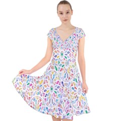 Flowery Floral Abstract Decorative Ornamental Cap Sleeve Front Wrap Midi Dress