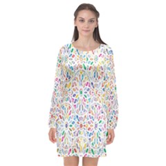 Flowery Floral Abstract Decorative Ornamental Long Sleeve Chiffon Shift Dress 