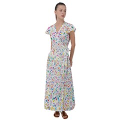 Flowery Floral Abstract Decorative Ornamental Flutter Sleeve Maxi Dress