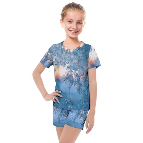 Frost Winter Morning Snow Season White Holiday Kids  Mesh Tee And Shorts Set by artworkshop