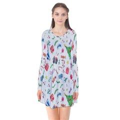 New Year Christmas Winter Watercolor Long Sleeve V-neck Flare Dress by artworkshop