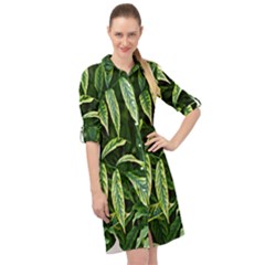 Leaves Foliage Twig Bush Plant Long Sleeve Mini Shirt Dress by artworkshop