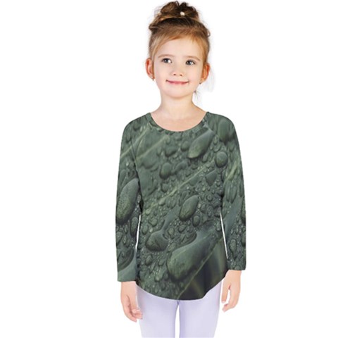 Leaves Water Drops Green  Kids  Long Sleeve Tee by artworkshop