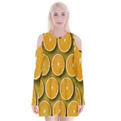 Orange Slices Cross Sections Pattern Velvet Long Sleeve Shoulder Cutout Dress by artworkshop