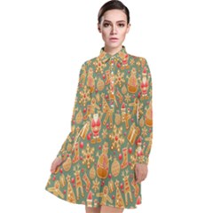 Pattern Seamless Gingerbread Christmas Decorative Long Sleeve Chiffon Shirt Dress by artworkshop