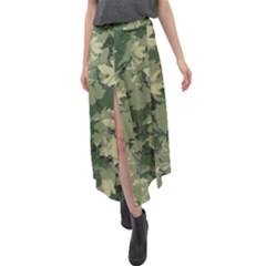 Green Leaves Camouflage Pattern Velour Split Maxi Skirt by Wegoenart