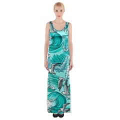 Sea Waves Seamless Pattern Thigh Split Maxi Dress by Wegoenart