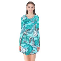 Sea Waves Seamless Pattern Long Sleeve V-neck Flare Dress by Wegoenart