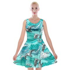 Sea Waves Seamless Pattern Velvet Skater Dress by Wegoenart