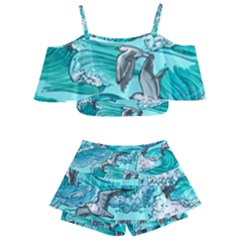 Sea Waves Seamless Pattern Kids  Off Shoulder Skirt Bikini by Wegoenart