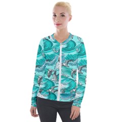 Sea Waves Seamless Pattern Velvet Zip Up Jacket by Wegoenart