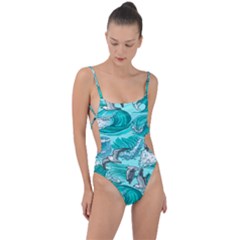 Sea Waves Seamless Pattern Tie Strap One Piece Swimsuit by Wegoenart