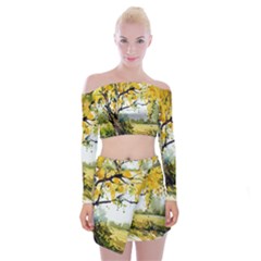 Landscape Painting Meadow Garden Off Shoulder Top With Mini Skirt Set by Wegoenart