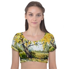 Landscape Painting Meadow Garden Velvet Short Sleeve Crop Top  by Wegoenart