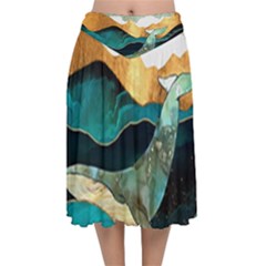 Ocean Whale Painting Sea Undersea Velvet Flared Midi Skirt by Wegoenart