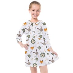 Rabbit, Lions And Nuts  Kids  Quarter Sleeve Shirt Dress by ConteMonfrey