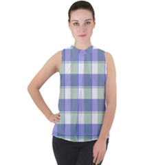 Blue And Green Plaids Mock Neck Chiffon Sleeveless Top by ConteMonfrey
