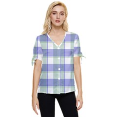 Blue And Green Plaids Bow Sleeve Button Up Top by ConteMonfrey