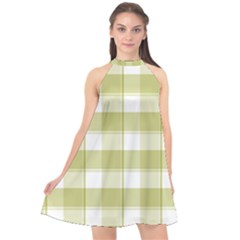 Green Tea - White And Green Plaids Halter Neckline Chiffon Dress  by ConteMonfrey