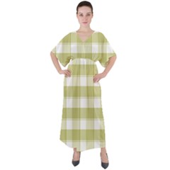 Green tea - White and green plaids V-Neck Boho Style Maxi Dress