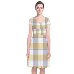 Grey Yellow Plaids Short Sleeve Front Wrap Dress by ConteMonfrey