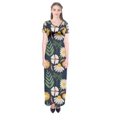 Flower Grey Pattern Floral Short Sleeve Maxi Dress