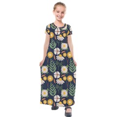 Flower Grey Pattern Floral Kids  Short Sleeve Maxi Dress by Dutashop