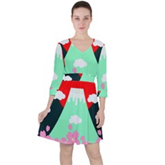 Mount Fuji Japan Landscape Volcano Quarter Sleeve Ruffle Waist Dress by Wegoenart