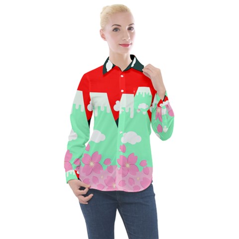 Mount Fuji Japan Landscape Volcano Women s Long Sleeve Pocket Shirt by Wegoenart