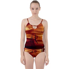 Illustration Golden Tuscany Brown Orange Cut Out Top Tankini Set by Wegoenart