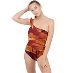 Illustration Golden Tuscany Brown Orange Frilly One Shoulder Swimsuit by Wegoenart