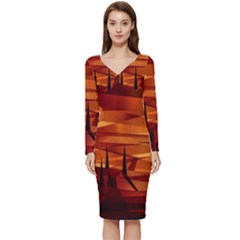 Illustration Golden Tuscany Brown Orange Long Sleeve V-neck Bodycon Dress 