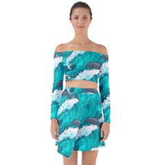 Sea Waves Seamless Pattern Off Shoulder Top With Skirt Set