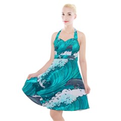 Sea Waves Seamless Pattern Halter Party Swing Dress  by Wegoenart