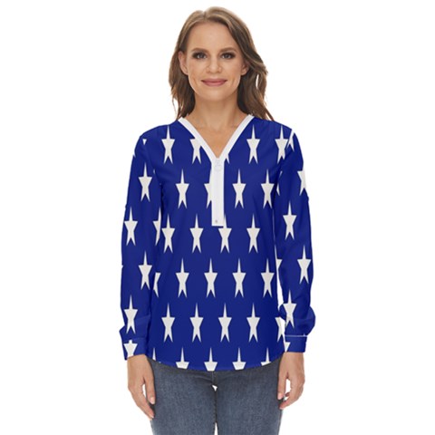 Banner-star Blue Zip Up Long Sleeve Blouse by nateshop