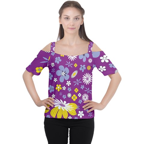 Floral-purple Yellow Cutout Shoulder Tee by nateshop